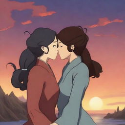 Create an image of Korra and Asami, two lesbian characters, sharing a passionate kiss