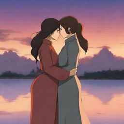 Create an image of Korra and Asami, two lesbian characters, sharing a passionate kiss