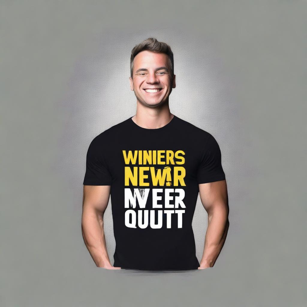 Design a graphic t-shirt with the phrase 'winners never quit'