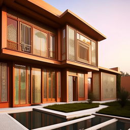 A beautiful, modern house inspired by traditional Iranian architecture, with intricate patterns and rich use of colors.