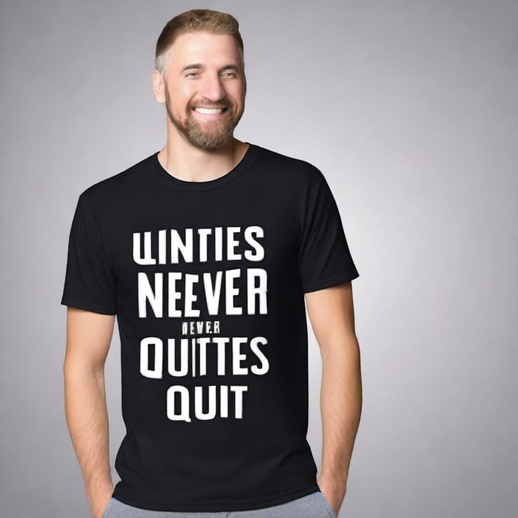 Design a graphic t-shirt with the phrase 'Winners never quit, and quitters never win