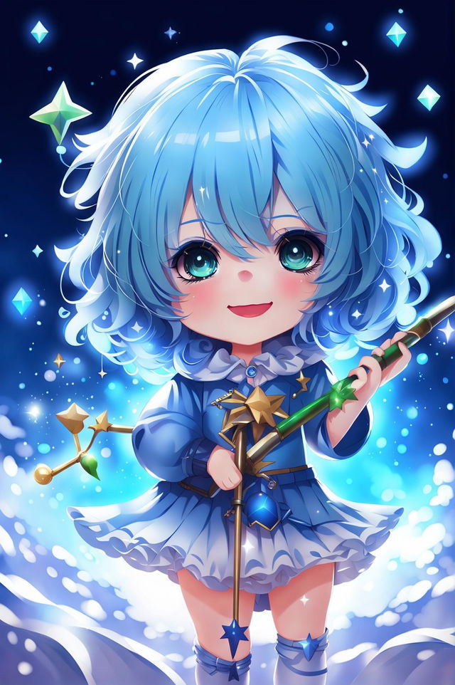 This is a request for a different image of an extremely cute magical anime chibi girl with blue hair, a starry magical girl outfit, and a magical staff