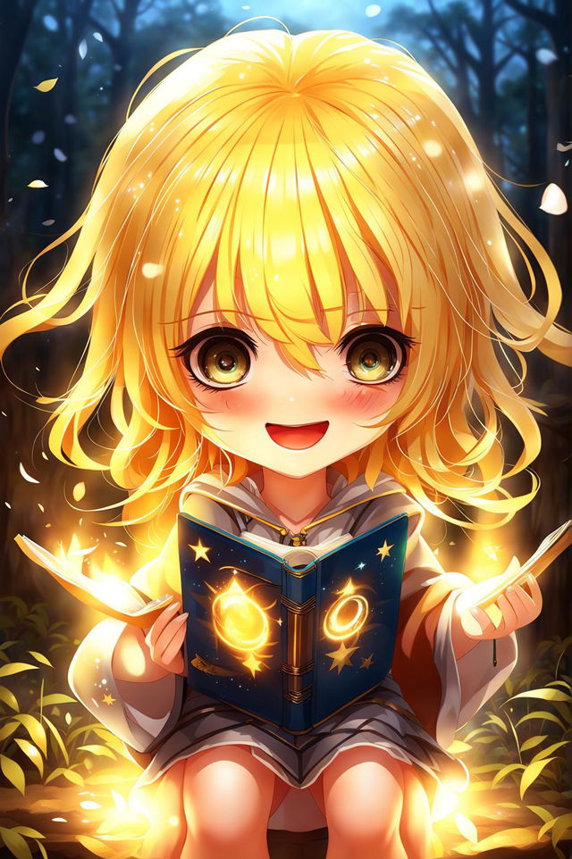 This is a request for a different image of an extremely cute magical anime chibi girl with golden hair, a starry cloak, and a magic book