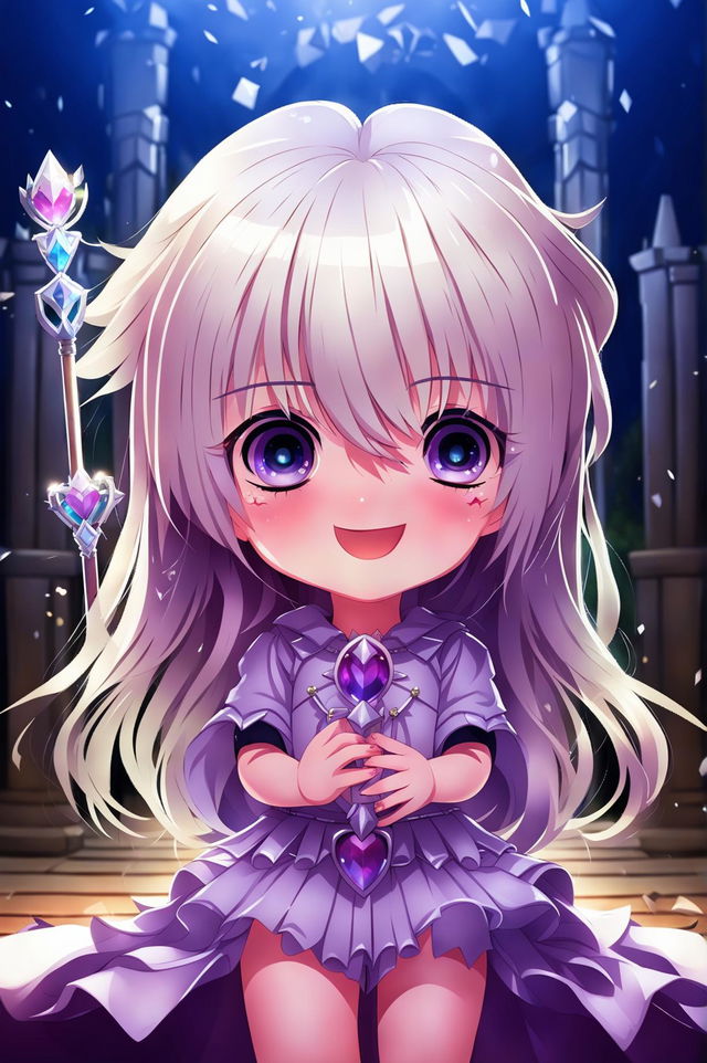 This is a request for a different image of an extremely cute magical anime chibi girl with silver hair, a crystal-adorned outfit, and a heart-topped scepter