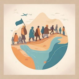 Create an image that represents the concept of 'Diaspora Journey', showing the journey of a diverse group of people migrating and establishing in new places, maintaining their culture while adapting to the new environment