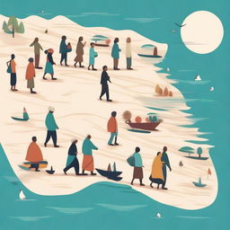 Create an image that represents the concept of 'Diaspora Journey', showing the journey of a diverse group of people migrating and establishing in new places, maintaining their culture while adapting to the new environment