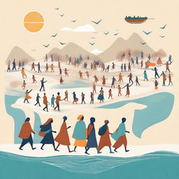 Create an image that represents the concept of 'Diaspora Journey', showing the journey of a diverse group of people migrating and establishing in new places, maintaining their culture while adapting to the new environment