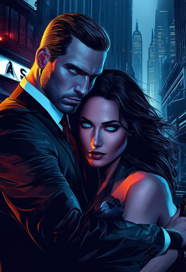 A high-definition, textless book cover design featuring a light-skinned woman with blue eyes hugging a mafia boss with a gun, set against a crime-infested city