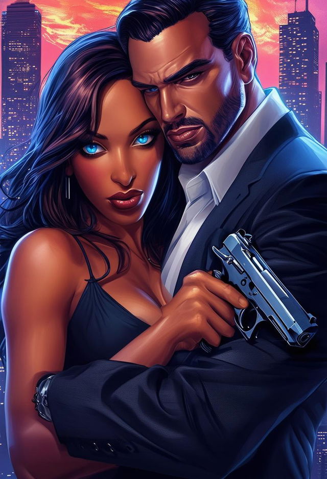 A high-definition, textless book cover design featuring a caramel brown-skinned woman with blue eyes hugging a mafia boss with a gun, set against a crime-ridden city