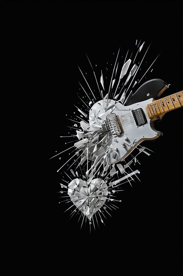 An HD image of a guitar smashing a white crystal heart against a black background