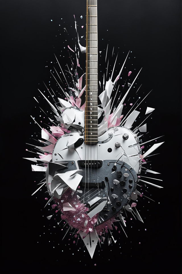 An HD image of a guitar smashing a white crystal heart on a black background, with white, pink, and blue shards of the shattered crystal heart