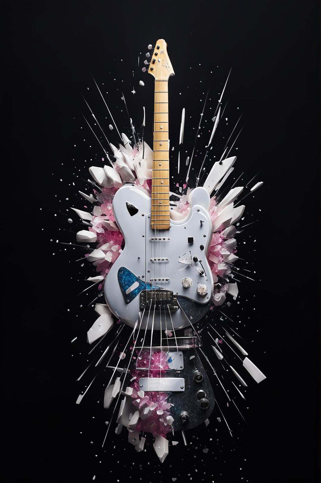 An HD photograph of a guitar smashing a white crystal heart against a black background, with the shattered crystal pieces in white, pink, and blue colors