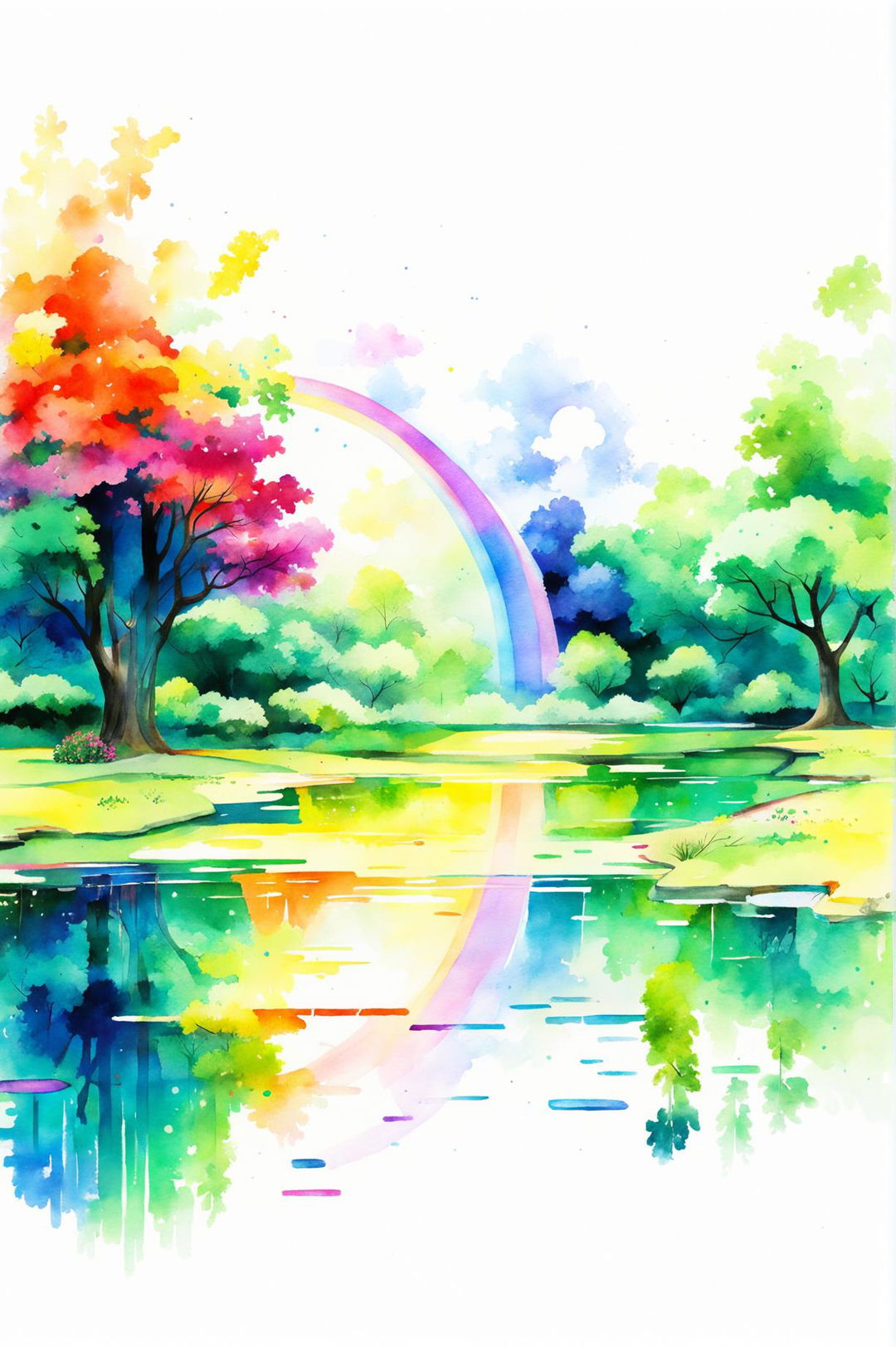 A watercolour painting of a vibrant rainbow arching over a peaceful park scene with a pond and a bench