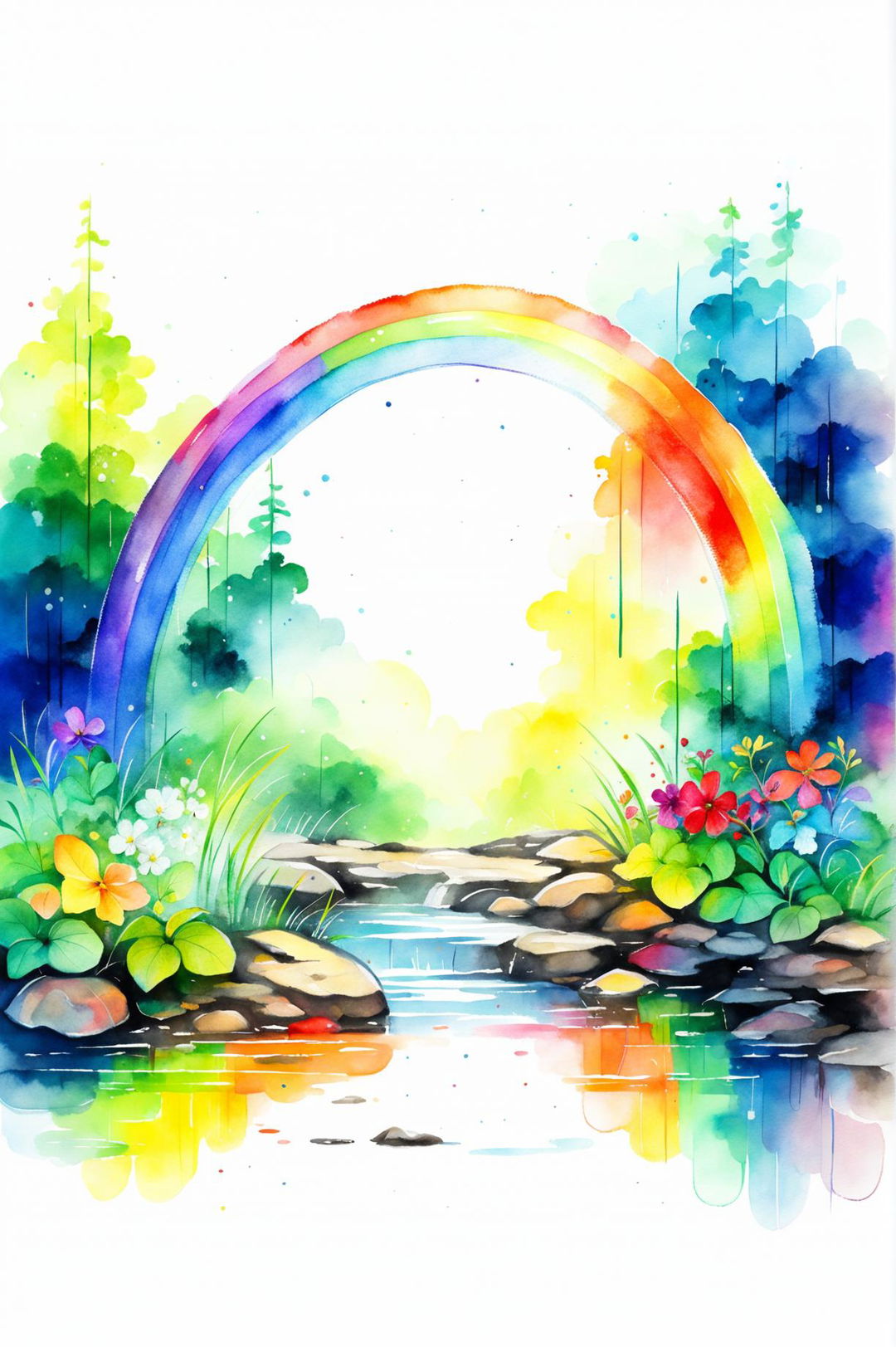 A watercolour painting of a vibrant rainbow arching over a tranquil forest clearing with a stream and wildflowers