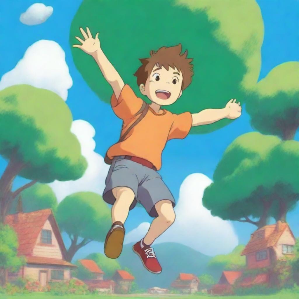 A Studio Ghibli style picture of an energetic summer camp kid on a sugar rush