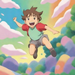 A Studio Ghibli style picture of an energetic summer camp kid on a sugar rush