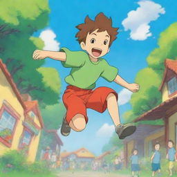 A Studio Ghibli style picture of an energetic summer camp kid on a sugar rush