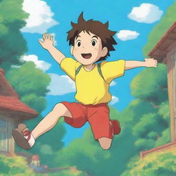 A Studio Ghibli style picture of an energetic summer camp kid on a sugar rush