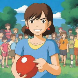 A Studio Ghibli style picture of a confident summer camp girl who is menacingly holding a dodgeball