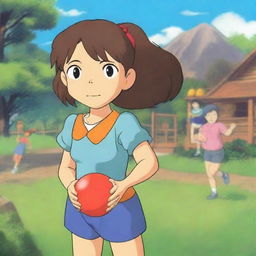 A Studio Ghibli style picture of a confident summer camp girl who is menacingly holding a dodgeball