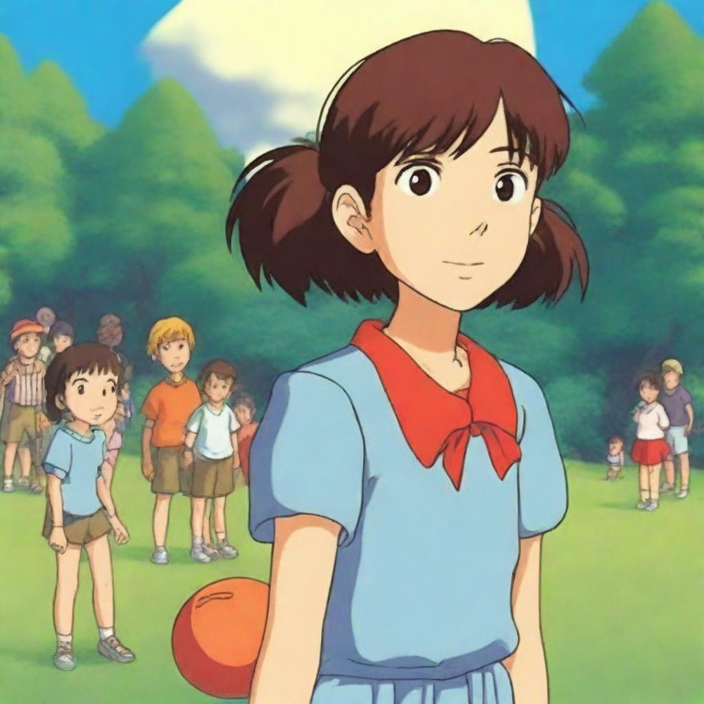 A Studio Ghibli style picture of a confident summer camp girl who is menacingly holding a dodgeball