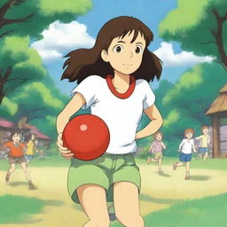 A Studio Ghibli style picture of a confident summer camp girl who is menacingly holding a dodgeball