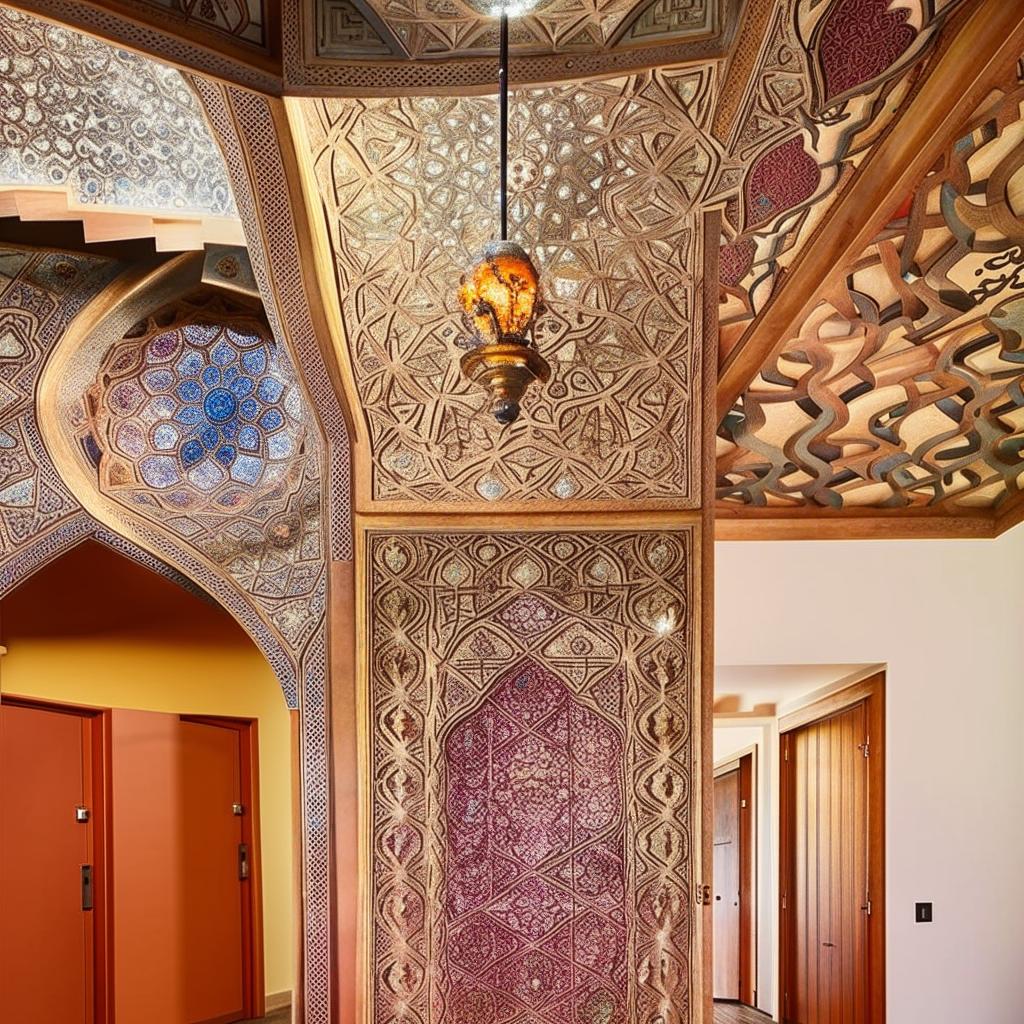 A beautiful, modern house inspired by traditional Iranian architecture, with intricate patterns and rich use of colors.