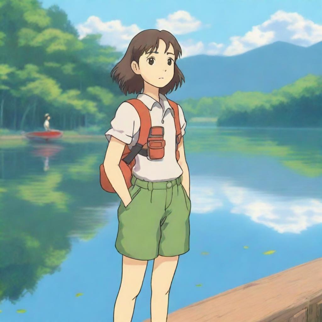 A Studio Ghibli style picture of a diligent summer camp girl who always follows the rules