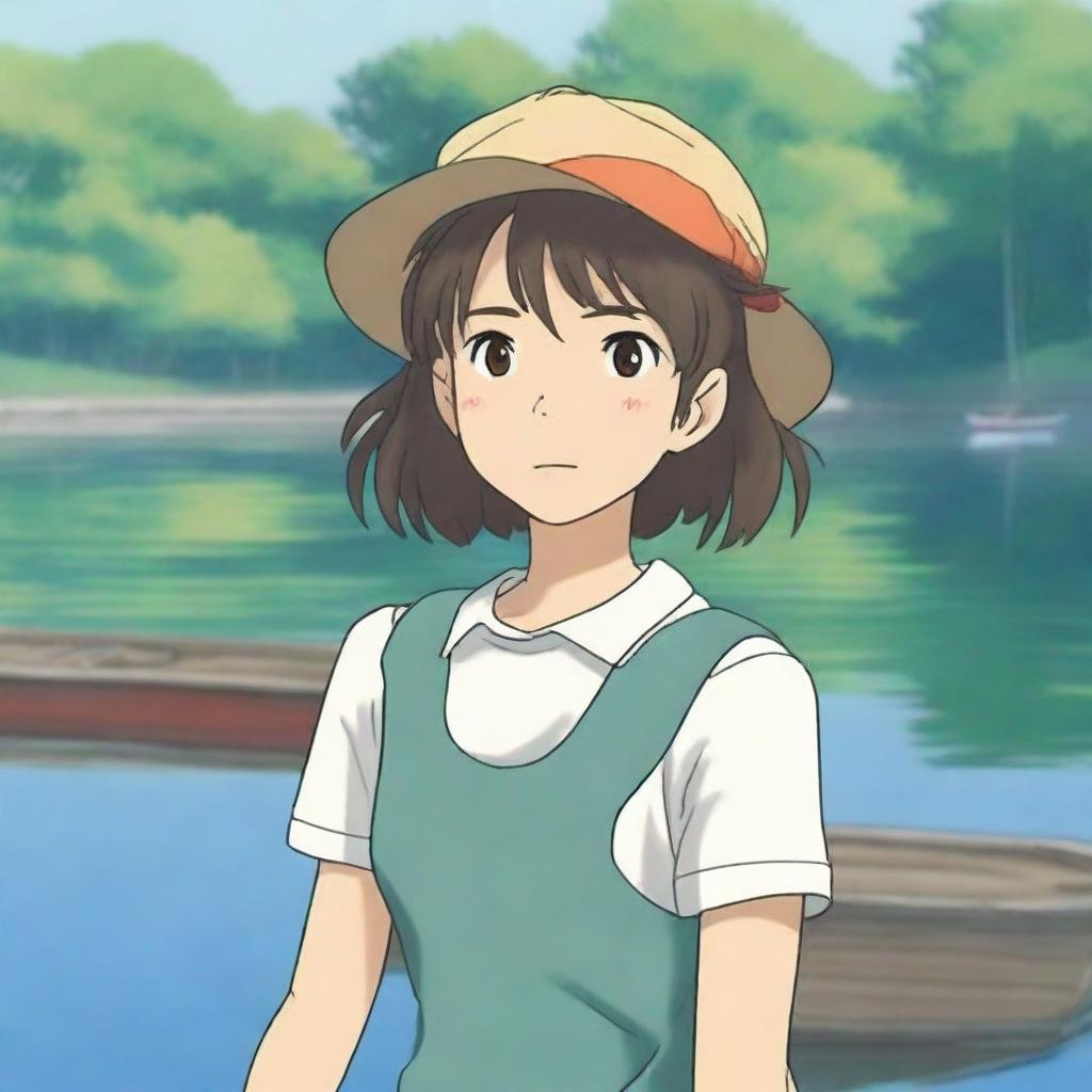 A Studio Ghibli style picture of a diligent summer camp girl who always follows the rules