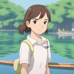 A Studio Ghibli style picture of a diligent summer camp girl who always follows the rules