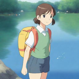 A Studio Ghibli style picture of a diligent summer camp girl who always follows the rules