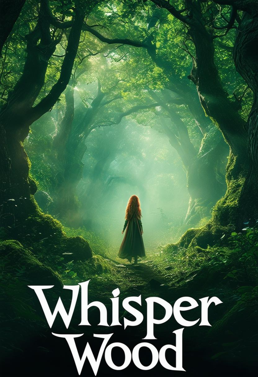 A high-definition movie poster for a fantasy film titled 'Whisper Wood', featuring an elf in a magical forest