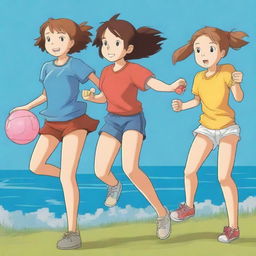 A Studio Ghibli style image of a trio of summer camp friends