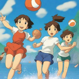 A Studio Ghibli style image of a trio of summer camp friends