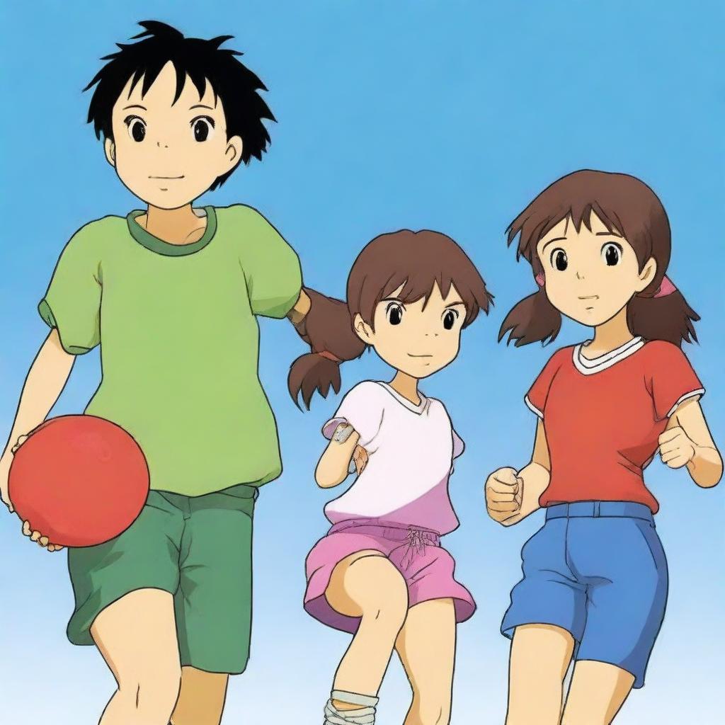 A Studio Ghibli style image of a trio of summer camp friends