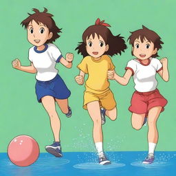 A Studio Ghibli style image of a trio of summer camp friends