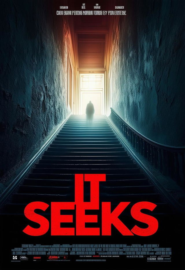 A high-definition movie poster for a horror film titled 'It Seeks', with a daunting staircase leading down into darkness as the main visual