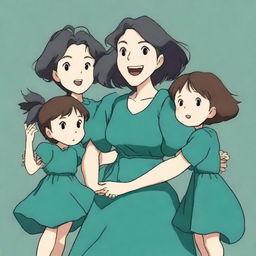 A Studio Ghibli style image of a mother and her two daughters