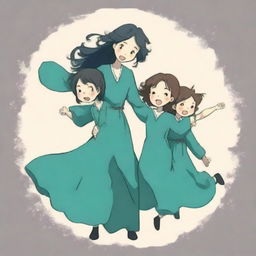 A Studio Ghibli style image of a mother and her two daughters