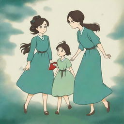 A Studio Ghibli style image of a mother and her two daughters