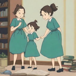 A Studio Ghibli style image of a mother and her two daughters