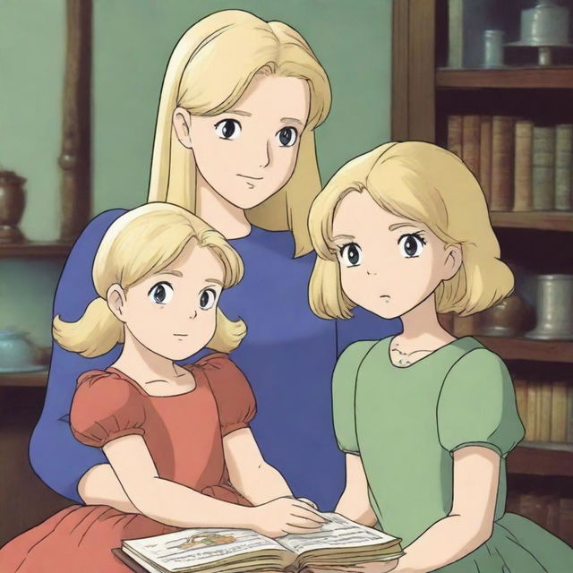 A Studio Ghibli style image of a blonde mother in a bright dress and her two daughters