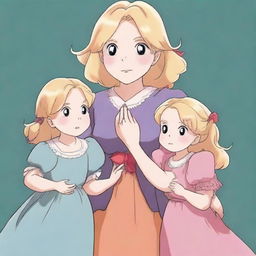 A Studio Ghibli style image of a blonde mother in a bright dress and her two daughters