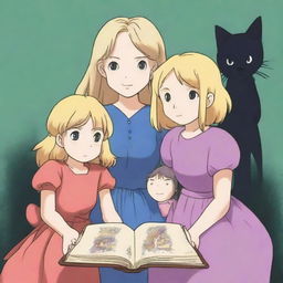 A Studio Ghibli style image of a blonde mother in a bright dress and her two daughters