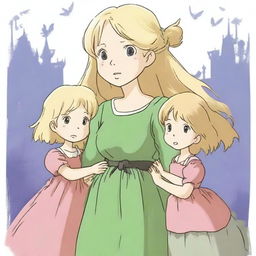 A Studio Ghibli style image of a blonde mother in a bright dress and her two daughters