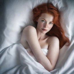 Generate a tasteful and non-explicit image of a redhead in bed, covered by sheets