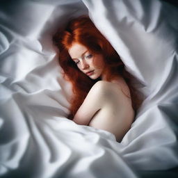 Generate a tasteful and non-explicit image of a redhead in bed, covered by sheets