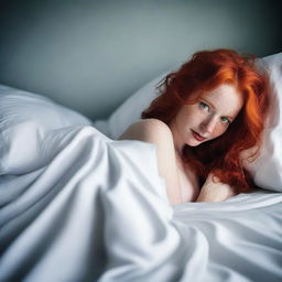 Generate a tasteful and non-explicit image of a redhead in bed, covered by sheets