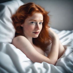 Create a tasteful image of a redhead lying in bed, undressed but covered with sheets