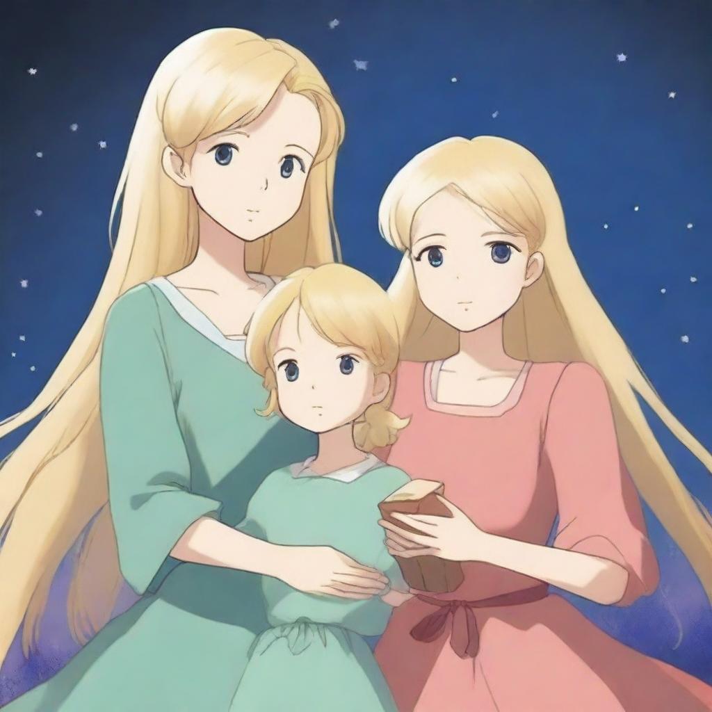 A Studio Ghibli style image of a blonde magical mother in a bright dress and her two daughters